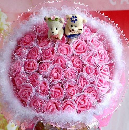 36朵粉色玫瑰 永存玫瑰花 卡通花束包邮 情人节女生生日求婚礼物